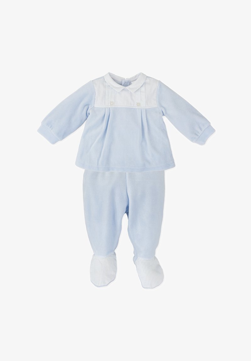 Ensemble pour bébé en deux pièces de couleur bleu clair, comprenant un haut à manches longues avec un panneau rayé boutonné et un pantalon assorti avec des couvre-pieds.
