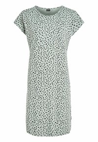 Ljusgrön klänning med korta ärmar, prydd med ett mönster av svarta prickar. Tillverkad av mjukt tyg har den en rund halsringning och en avslappnad passform.