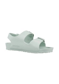 Birkenstock-sandaler i ljusgrön, tillverkade av lätt material. Har två justerbara remmar och en formad fotbädd med en strukturerad sula.