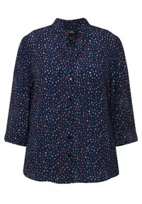 Navy blouse featuring a button-down front, 3/4 sleeves, and a multicolored pattern of red, blue, and cream spots. Soft fabric with a subtle texture.