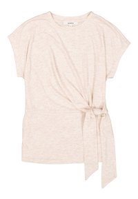 Hellbeige kurzärmliges Oberteil mit Wickeldesign und geknotetem Bindeband an der Taille; aus weichem, strukturiertem Stoff gefertigt.