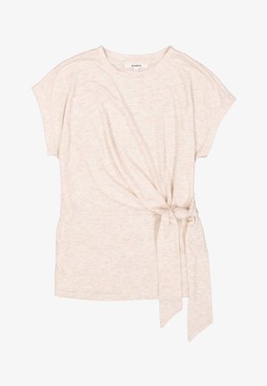 Hellbeige kurzärmliges Oberteil mit Wickeldesign und geknotetem Bindeband an der Taille; aus weichem, strukturiertem Stoff gefertigt.