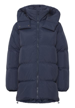 Navy blue puffer jacket with a zip closure, high collar, and large hood. Features quilted sections and elastic cuffs for warmth.