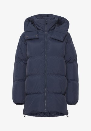 Granatowa kurtka puchowa z zapięciem na zamek, wysokim kołnierzem i dużym kapturem. Posiada pikowane sekcje oraz elastyczne mankiety dla zapewnienia ciepła.