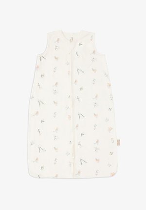 Katoenen slaapzak met een voorrits. Crèmeachtige achtergrond met roze en groene bloemen- en vogelpatronen. Mouwloos ontwerp. Zachte textuur.