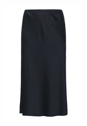 Juodas satininis midi sijonas su lygiu paviršiumi, elastinga juosmeniu ir šonine išpjova papildomam judėjimui. Paprastas, elegantiškas dizainas be papuošimų.