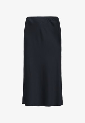 Crna saten midi suknja s glatkom teksturom, elastičnim pojasom i bočnim prorezom za dodatnu pokretljivost. Jednostavan, elegantan dizajn bez ukrase.
