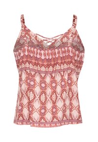 Lehký bezrukávový top v růžových tónech s propracovanými vzory a křížovým výstřihem. Disponuje uvolněným, splývavým střihem.