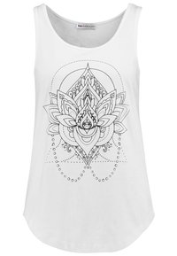 Débardeur en coton blanc avec un design en ligne noire représentant une fleur de lotus ornée de motifs complexes et d'accents en points. Encolure arrondie.