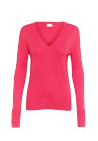 Sweter z dekoltem w serek w jaskrawym różowym kolorze, wykonany z dzianiny, z długimi rękawami. Zapięcia na guziki przy mankietach oraz ściągacz na dole dla tekstury. Wykonany z miękkiego, lekkiego materiału.