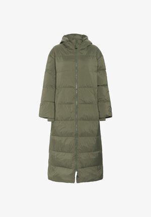 Long olive green puffer coat with hood, full front zipper, side pockets, and long sleeves with cuffs, shown on white background.
