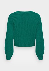 Gekürzter türkisfarbener Strickpullover mit gerippter Textur, Rundhalsausschnitt und Puffärmel, mit einheitlichem Muster und ohne sichtbare Hardware.