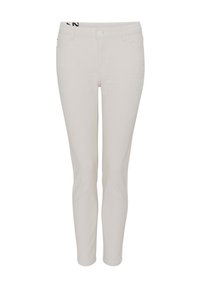 Vita smala jeans i denimtyg, med en sidoficka, framknäppning och sömdetaljer på midjebandet.