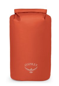 Borsa impermeabile arancione con chiusura a rocchetto, con il logo Osprey bianco centrato vicino al fondo su uno sfondo bianco semplice.