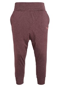Bordeauxrote Jogginghosen mit einer weichen Textur, elastischem Taillenbund und Bündchen. Verfügt über seitliche Taschen und ein kleines pinkes Logo-Detail am Bein.