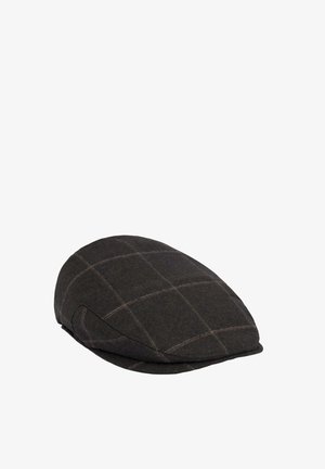 Cappello piatto grigio scuro con un sottile motivo a quadri chiari, realizzato in tessuto testurizzato.