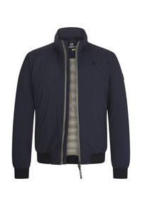 Dunkelblaue Bomberjacke mit hohem Kragen, Reißverschluss und grauem isolierendem Futter. Verfügt über seitliche Taschen und strukturierte Bündchen.