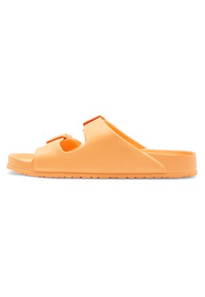 Orange rubber slide sandal features two adjustable straps with cutouts, a textured footbed, and a grooved outsole for grip.