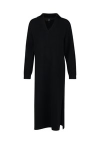 Svart stickad klänning med V-ringning och krage, långa ärmar och slits på sidan. Mjuk textur, midilängd design.