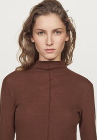Bruine aangesloten turtleneck trui van een zachte breimateriaal, met een centrale naad en lange mouwen, tegen een effen lichte achtergrond.