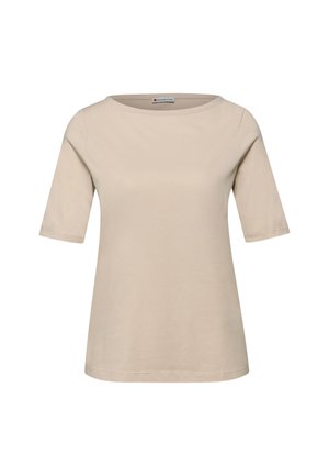 T-shirt beige pour femme à manches courtes et col rond, coupe droite avec une petite étiquette de marque à l'intérieur du col.