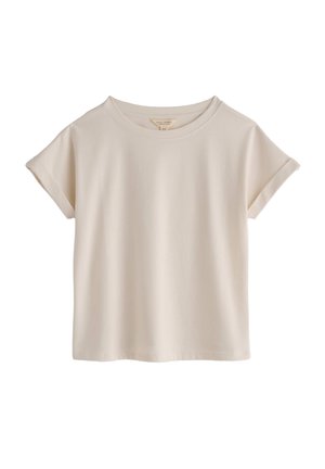 Cream short-sleeve t-shirt with a round neckline. Smooth fabric with a casual fit and rolled sleeves. No visible patterns or accents.