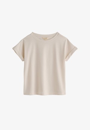 Kraft kratke rokave majice s krožnim izrezom. Gladka tkanina s sproščenim krojem in zvitimi rokavi. Brez vidnih vzorcev ali dodatkov.