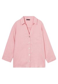 Camicia a maniche lunghe di colore rosa chiaro, con bottoni sul davanti, colletto e una tasca sul petto; realizzata in tessuto testurizzato con una vestibilità comoda.