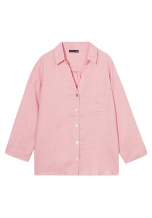 Lichtroze, langemouwen shirt met een knoopsluiting aan de voorkant, kraag en een enkele borstzak; gemaakt van een textuurstof met een relaxte pasvorm.