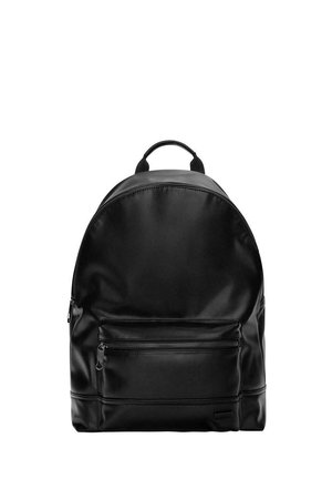 Black leather backpack with a front zippered pocket and top carry handle, shown against a white background.