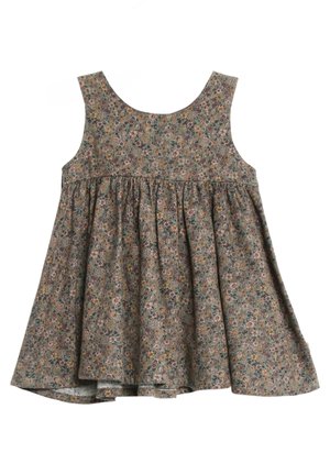 Robe sans manches pour tout-petit avec taille froncée et motif floral discret dans des tons de vert, marron, rose et jaune sur un tissu doux.