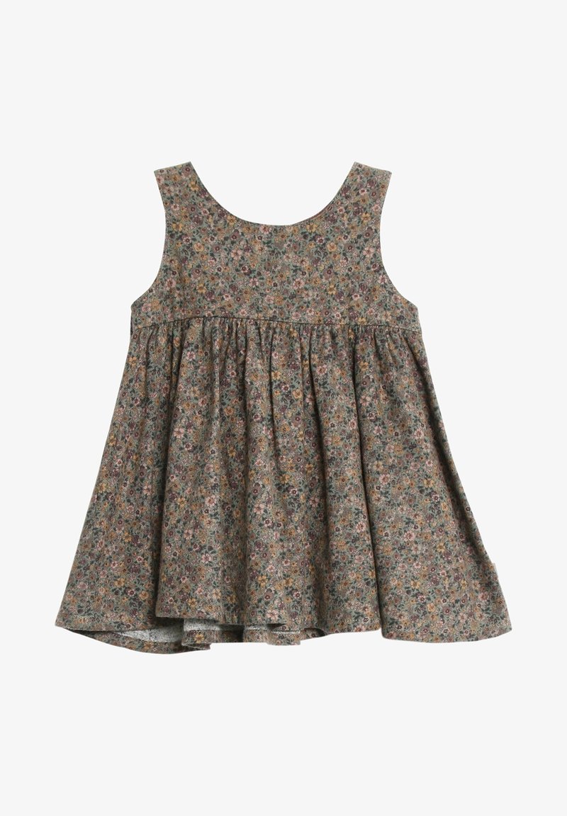 Robe sans manches pour tout-petit avec taille froncée et motif floral discret dans des tons de vert, marron, rose et jaune sur un tissu doux.
