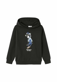 Czarna bluza z kapturem z grafiką małpy w okularach przeciwsłonecznych i niebieskiej czapce beanie. Poniżej napis "URBAN SKATER LET'S ROLL." Długie rękawy i ściągacze.