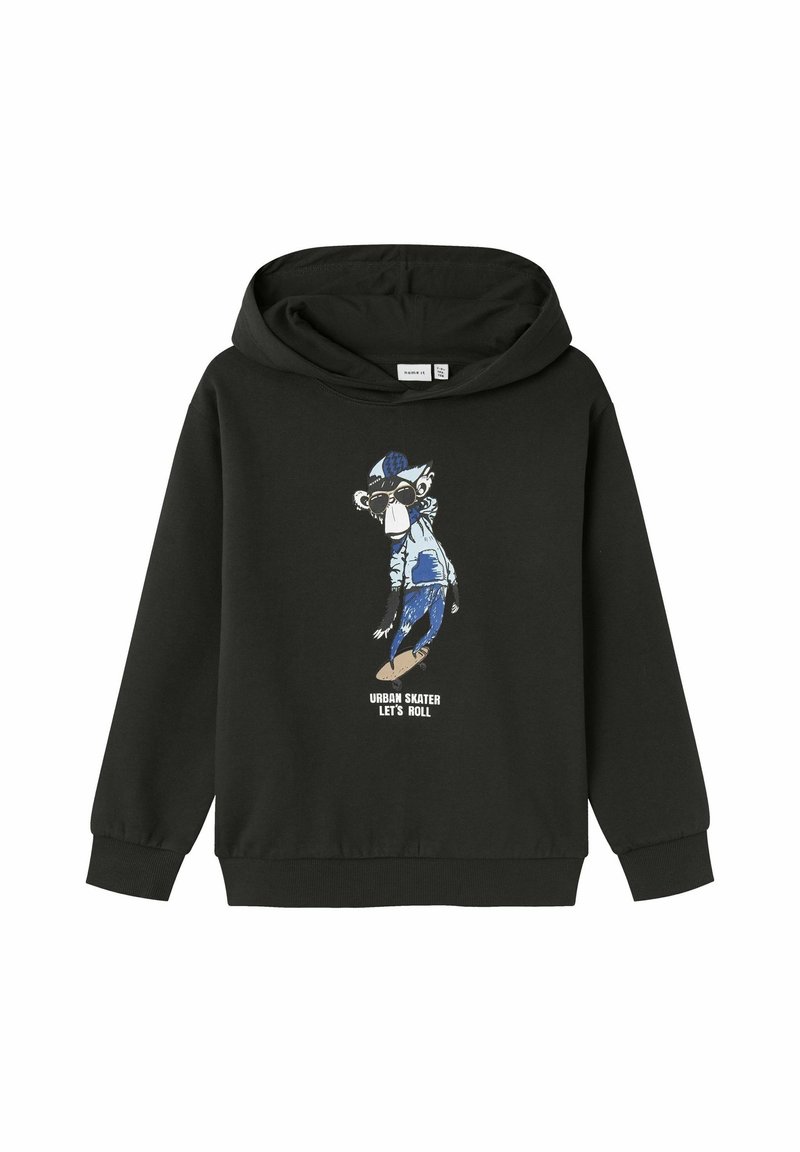 Czarna bluza z kapturem z grafiką małpy w okularach przeciwsłonecznych i niebieskiej czapce beanie. Poniżej napis "URBAN SKATER LET'S ROLL." Długie rękawy i ściągacze.