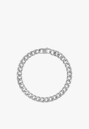 Bracelet chaîne en métal couleur argent avec de grands maillons plats emboîtés et une fermeture sécurisée.