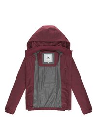 Veste à capuche marron avec une doublure grise, fermeture éclair et poignets élastiques ; elle comporte une petite poche sur le côté gauche.