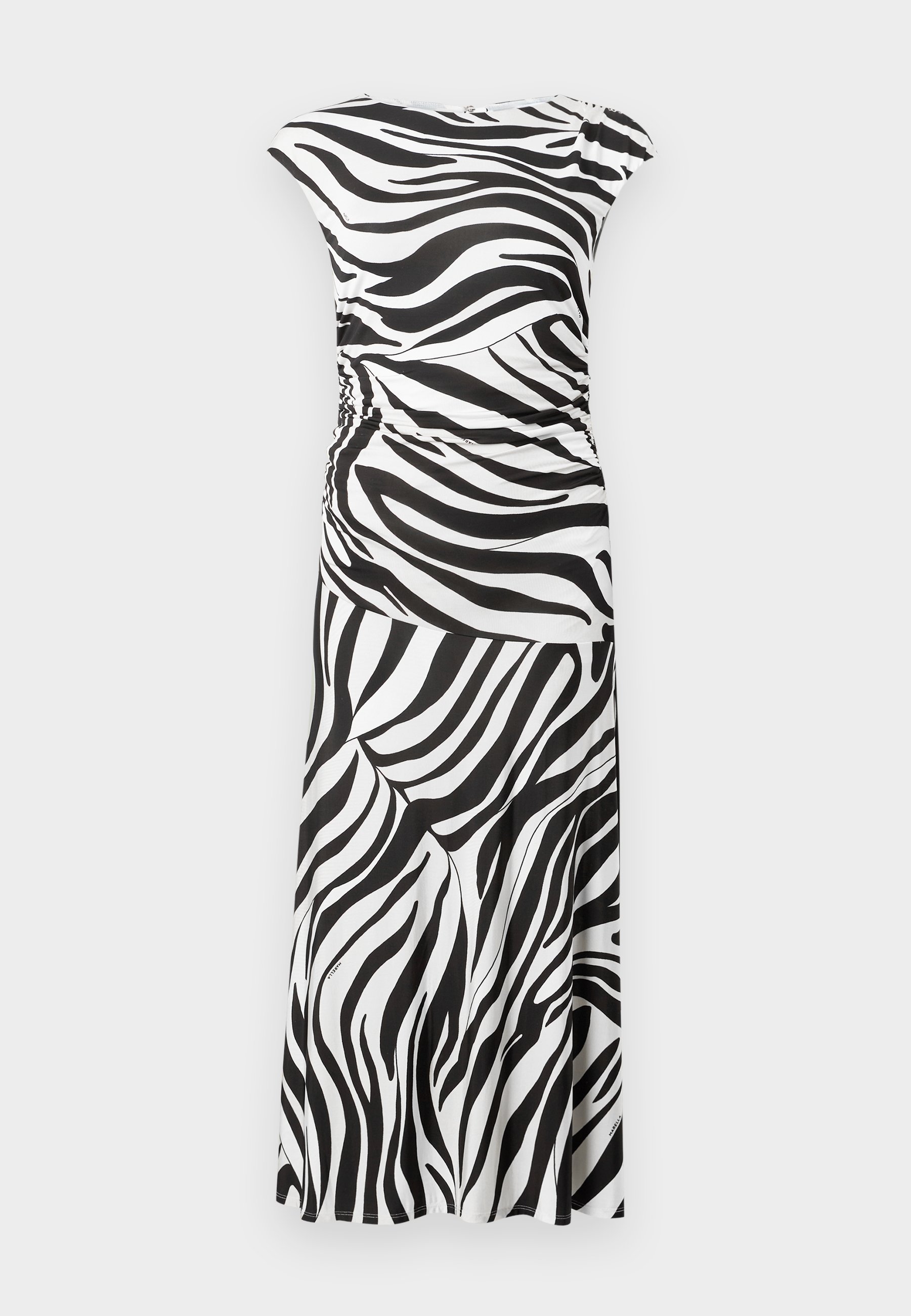 Sleeveless black and white zebra print midi dress with gathered waist and flowing skirt.