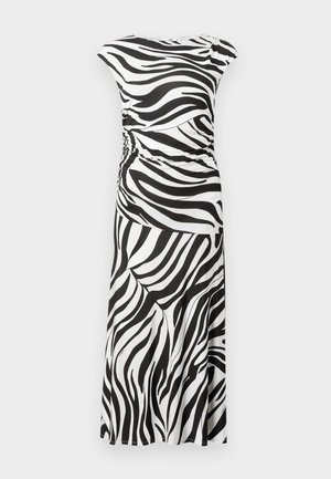 Mouwloze midi-jurk met zwart-wit zebraprint, een getailleerde taille en een vloeiende rok.