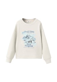 Lichtbeige sweatshirt met lange mouwen. Heeft een bergafbeelding en blauw tekst: "Ga Altijd Wild Verken" en "Langzame Vooruitgang." Zacht materiaal.