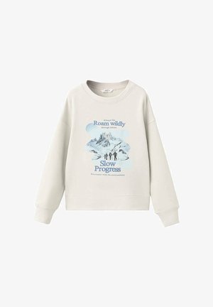 Lichtbeige sweatshirt met lange mouwen. Heeft een bergafbeelding en blauw tekst: "Ga Altijd Wild Verken" en "Langzame Vooruitgang." Zacht materiaal.