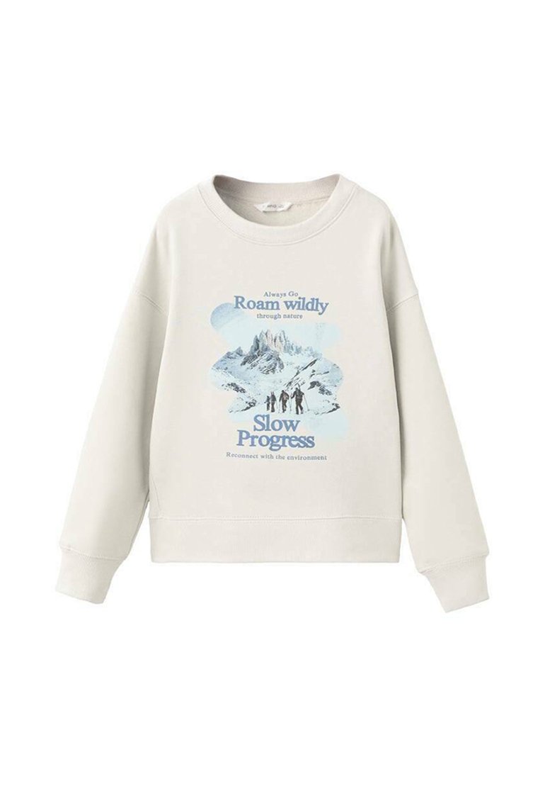 Lichtbeige sweatshirt met lange mouwen. Heeft een bergafbeelding en blauw tekst: "Ga Altijd Wild Verken" en "Langzame Vooruitgang." Zacht materiaal.