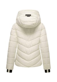 White puffer jacket with hood, featuring a chevron quilted design, black striped cuffs, and a logo label on the back. Soft, insulated material.