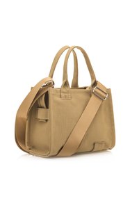Tasche aus beige Canvas mit zwei stabilen Obergriffen und einem abnehmbaren Schultergurt. Sie hat eine strukturierte Form und sichtbare Nähte.