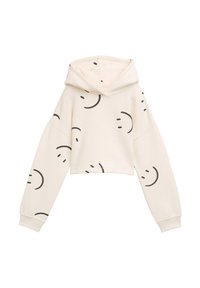 Afskåret hoodie i off-white stof med sorte smiley face-tryk. Har en bred hætte og ribbede manchetter for en afslappet pasform.
