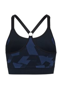 Marinblå sportbh med ett geometriskt mönster, tillverkad av andningsbart material, med justerbara axelband och en cirkulär detalj i ryggen.