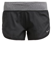 Pantalones cortos deportivos negros con una cinturilla elástica gris. Tejido suave con un acabado mate y un pequeño logotipo de Nike blanco en la parte inferior derecha.