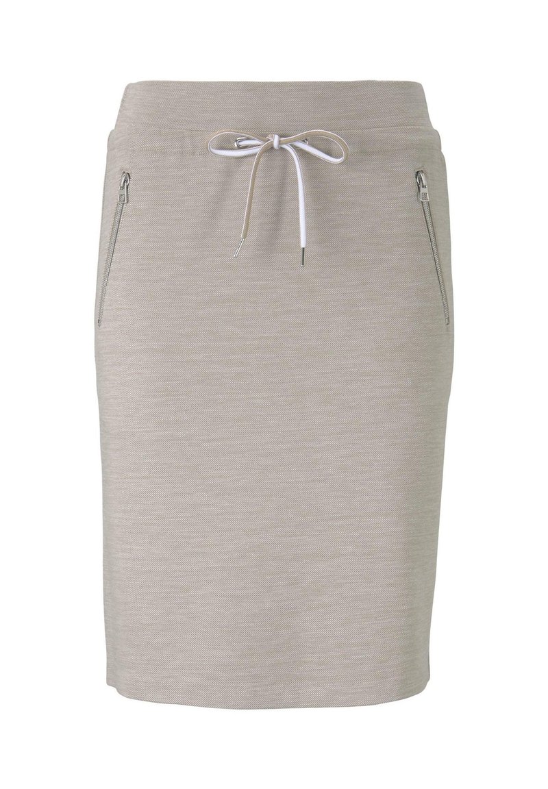 Sukně béžové barvy ke kolenům s elastickým pasem na šňůrku, která má dvě boční zipové kapsy a hladký povrch. Jednoduchý design s minimem detailů.
