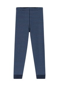 Marineblaue Leggings mit horizontalen hellblauen Streifen, aus einem weichen Stoff gefertigt. Figurbetontes Design mit einem kontrastierenden Bündchen am Knöchel.