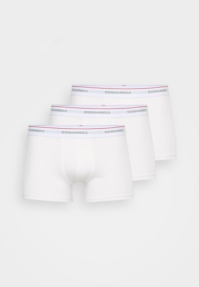 White boxer briefs, three-pack. Made of smooth fabric, featuring a soft elastic waistband with "DSQUARED2" logo and red accents.