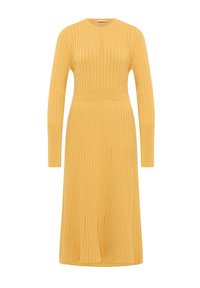 Gelbes, geripptes Strick-Midikleid mit langen Ärmeln, Rundhalsausschnitt, schmaler Taille und ausgestellt Rock.
